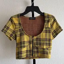 90s Grunge Plaid Crop Top Yellow Black Clueless Stretch Y2K Retro Preppy