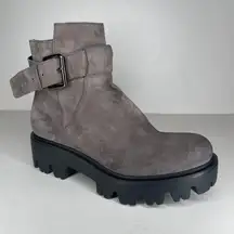 Kenneth Cole Distressed Grey Suede Lug Sole Chunk Heel Platform Well Feet Boots