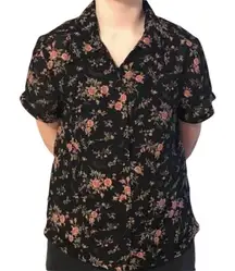 Express Women’s Button Up Top Short Sleeve Black and Floral Sheer Vintage 90s Compagnie Internationale Y2K •Size XS
