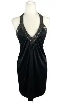 BCBGMAXAZRIA BCBG Diamante Mesh Mini Dress Black V-Neck Halter XS Clubwear Disco Party