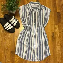 Old Navy  Women’s Medium White Blue Short Cap Sleeve Striped T-shirt Midi Dress