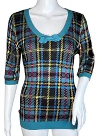 Modcloth  Collectif Sweater Women 8 Black Blue Check Plaid Freya Scholar Academia