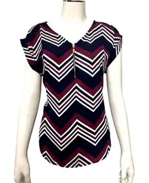 A'Gaci Sheer Chevron Print V Neck Blouse Large All Polyester Cap Sleeves