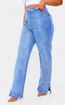 NWT PrettyLittleThing Split Hem Jeans Womens 16 Medium Wash High Rise Straight