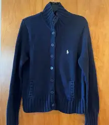 Ralph Lauren Sport Button Up Cardigan Sweater High Collar Navy Blue Vintage XL