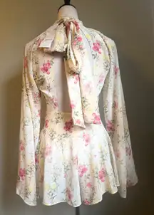Floral Mock Neck Long Sleeve Tie romper Ivory Pink s fairy Victorian boho y2k