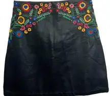 Zara Embroidered Mini Skirt Black Size S Faux Leather Floral Bohemian Lined