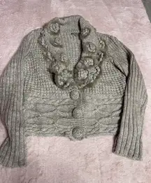 ROZ & ALI Faux Fur Trimmed Cardigan Sweater Jacket Sz L Large I0216