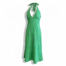 Y2K Vintage Glam Green Embroidered Floral Halter Dress‎ Made in USA Size M