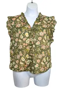 Elan Olive Floral Ruffle Sleeveless Top Size M V-Neck