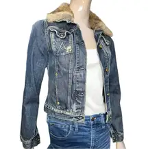 7 for all Mankind Denim Vintage Sz S Blue Dojo A Pocket Jean Fur Trimmed Jacket