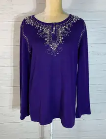 Add a touch of glamour to your wardrobe with this stunning Quacker Factory Women's Purple Sweater Top.