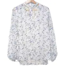 Umgee  Floral Blouse Womens Size‎ S Tie Neck Top Ditsy Cottage Boho White Blue