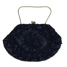 Vintage: Handmade Sequin Embroidery Evening Mini Bag ❁ Black Silk ❁ Gold Chain