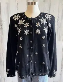 Vintage Snowflake Cardigan black Beaded Holiday Fair Isle Sweater Christmas