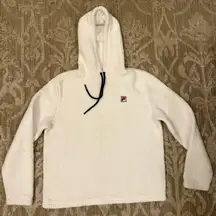 FILA Women’s White Navy Fuzzy Cozy Hoodie Hooded Sweater Size Large
