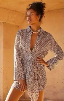 Free People Silky Rillo Print Mini Shirtdress Navy Combo