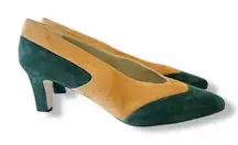 Vintage 1990s Apart Women's Sz 10 B Almond Toe Leather Suede Heels Emerald Gold