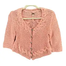 Free People Cardigan Sweater Women S Peach Cable Knit Crop Gingham Button Chunky