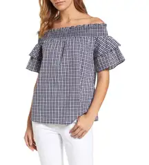 Caslon | Blue Plaid Off the Shoulder Ruffle Sleeve Top | Medium