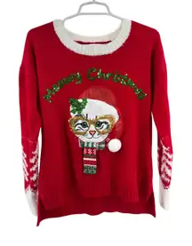 Red Meowy Christmas Cat Sweater M Celebrate Together red sequins holiday 3D