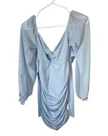 Lucy In The Sky Women's Blue Ruched Mini Dress Long Sleeve Back Cut-Out …