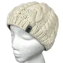 North Face Wool/Alpaca Beanie Hat Cream Chunky Cable Knit Fleece Lined Adult OS