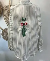 Striped Button Down Shirt Green Buttons Bunny Patch Back XL Oversized Streetwear