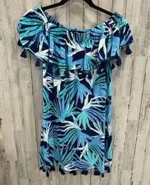 escapada Blue Tropical Floral Mini Dress Tunic Tassels Off The Shoulder XS