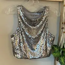 Express Women's Sequin Crop Top Silver Sleeveless Party Size M