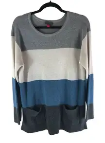 Vince Camuto Womens Tunic Sweater Ribbed Pockets Striped Blue Gray Ivory L