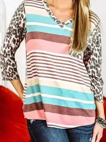 Now N Forever NEW Cheetah Multicolor Stripe Casual Western Preppy Top Size 3XL