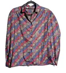 VTG 70s 80s‎ Disco Secretary Geeky Shirt Checker Patch Rose Button Up Womens 12