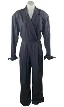 Women's Navy Blue Pinstriped Collared Long Sleeve Wide Leg Blazer Jumpsuit Sz M