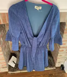 Listicle Romper with Bell sleeves. SZ small Blue Like New Tie Front