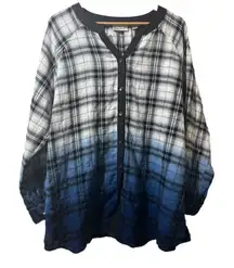 Avenue Plaid Flannel Blouse Women’s Plus Size 14 16 Button Down Ombré Blue