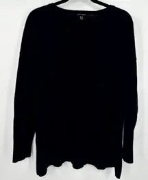 H by Halston‎ Sweater Women's Large Black Tight Knit Ribbed Hem V-Neck Pullover