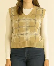 Plaid V-Neck Sweater Vest - Tan