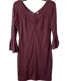 Free People  Crochet Boho Mini Dress Bell Sleeves City Girl Stretch XS Burgundy