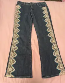 Boston Proper Denim Flare Jeans with Lace and Rhinestone Embroidery