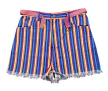Vintage 90s Bonjour Rainbow Stripe High Waist Denim Shorts, Size 11/12 With Belt
