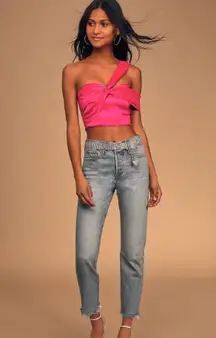 Lulu's Party Queen Fuchsia Satin One-Shoulder Asymmetrical Crop Top Size L NWT