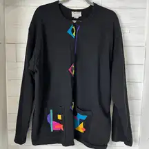 Nu Views Women Vintage Button Up Sweatshirt in Black Size XXL Geometric Shapes