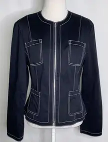 Nine & Company Navy Blue White Stitching No Collar Tailored Sporty Jacket 8