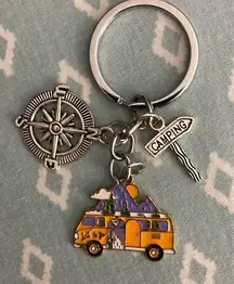 Volkswagen Bus Keychain with compass and camping sign charms. NWOT