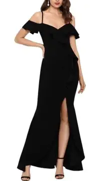 Betsy & Adam Sexy Maxi Dress Ruffle Off the Shoulder Sleeve  Sweetheart Neckline