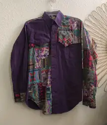 Ruddock Bros VTG Patchwork Aztec Southwestern Navajo Rancher Cowboy Shirt Button up Purple Long Sleeve Measurement in pics