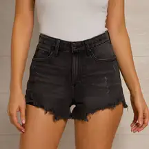 Express High Rise Shortie Shorts Black Gray Distressed Denim Cutoff Frayed Hem