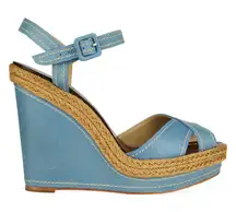 Christian Louboutin Almeria Blue Leather Wedge Heels Size 39 Espadrille Sandals