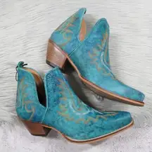 MYRA Turquoise Embroidered Leather Block Heel Western Ankle Booties Women Size 7